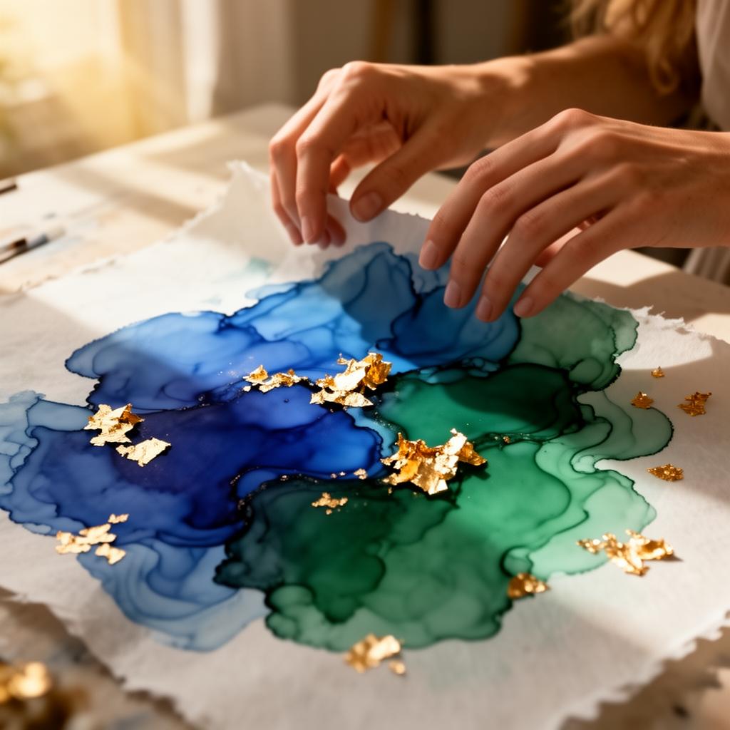 Hands working with emerald and gold alcohol ink in a sunlit studio